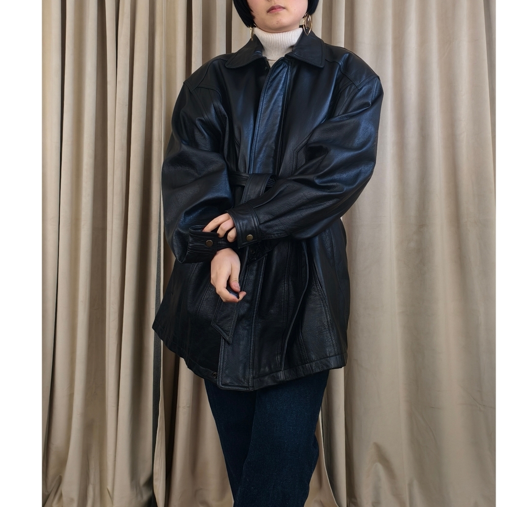 Vintage Colebrook Black Genuine Leather Belted Coat with Detachable Lining